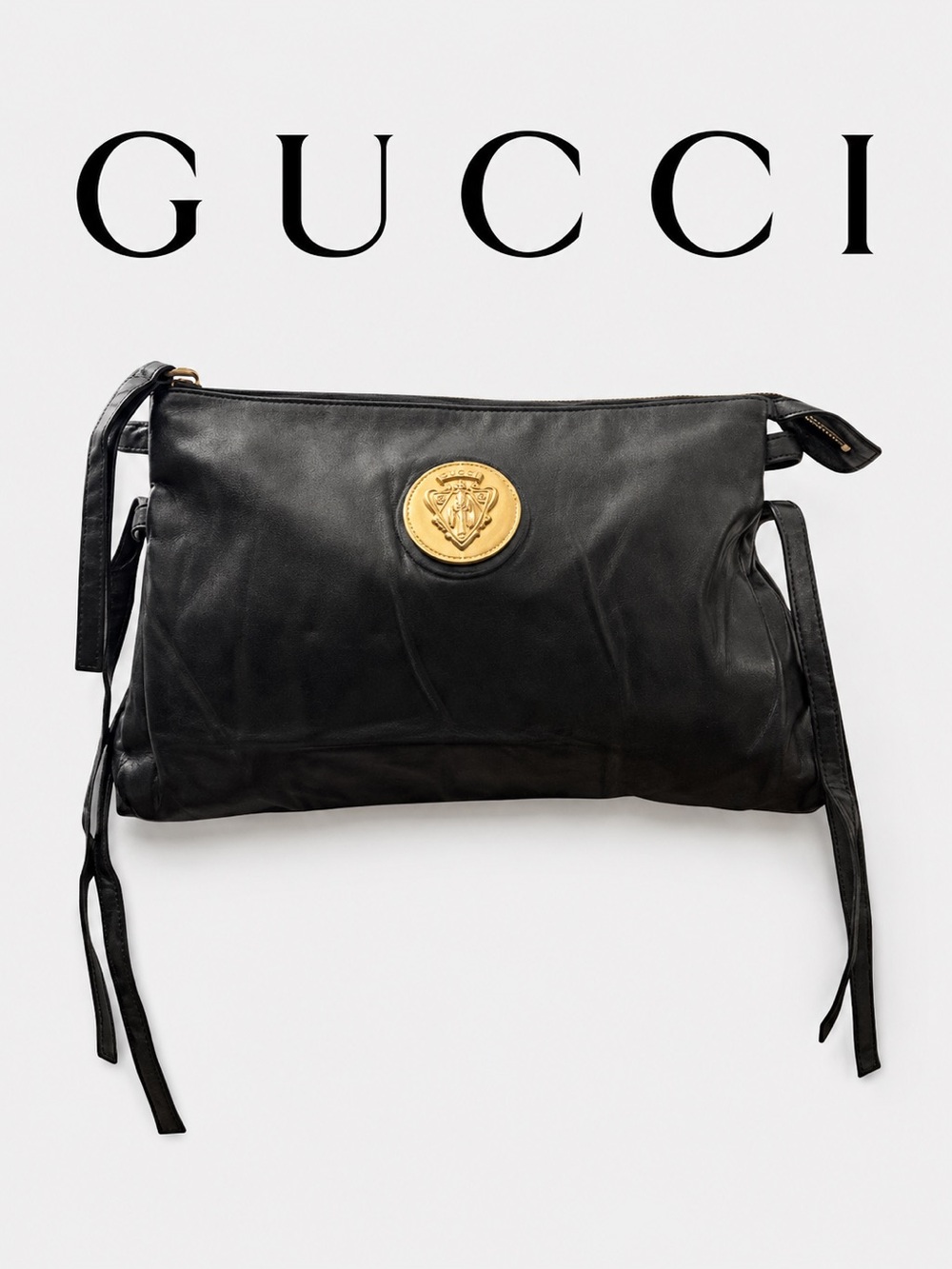 Vintage Gucci Hysteria Black Leather Clutch w/ Gold Crest Medallion | AUTHENTIC